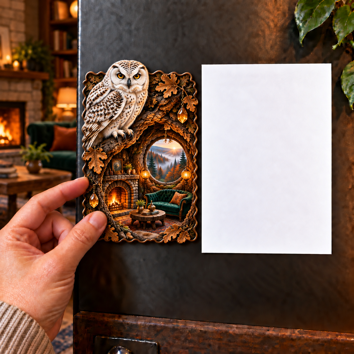 Emberlight Owl Hollow Hearth Acrylic Refrigerator Magnet with printed optical 3D artwork in its use setting