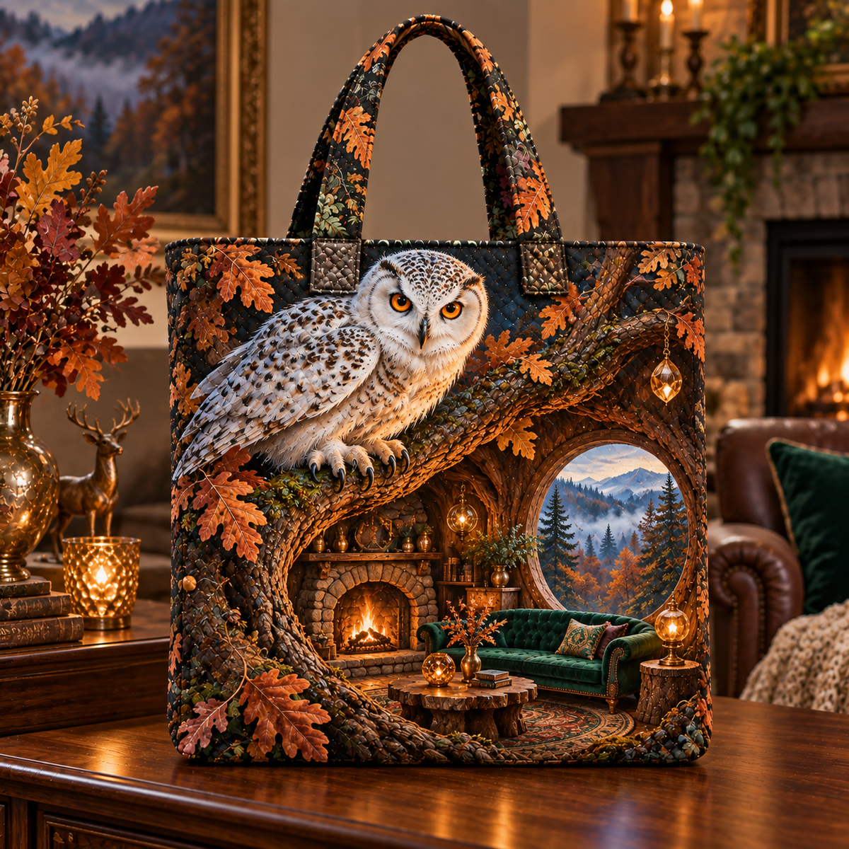 Emberlight Owl Hollow Hearth Quilted Tote Bag with printed optical 3D artwork in its use setting