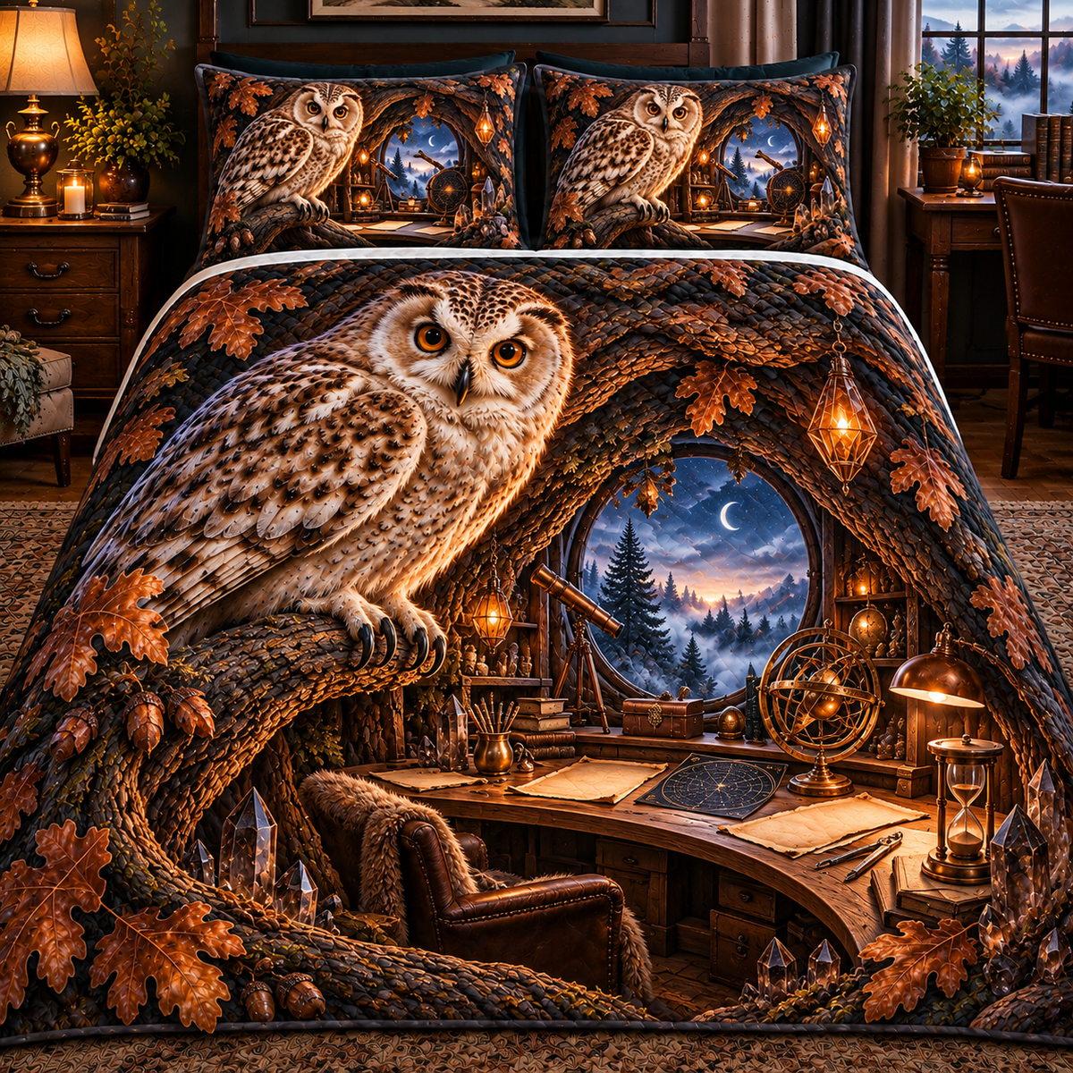 Copper Owl Hollow Observatory Quilted Bedding Set with printed optical 3D artwork in its use setting