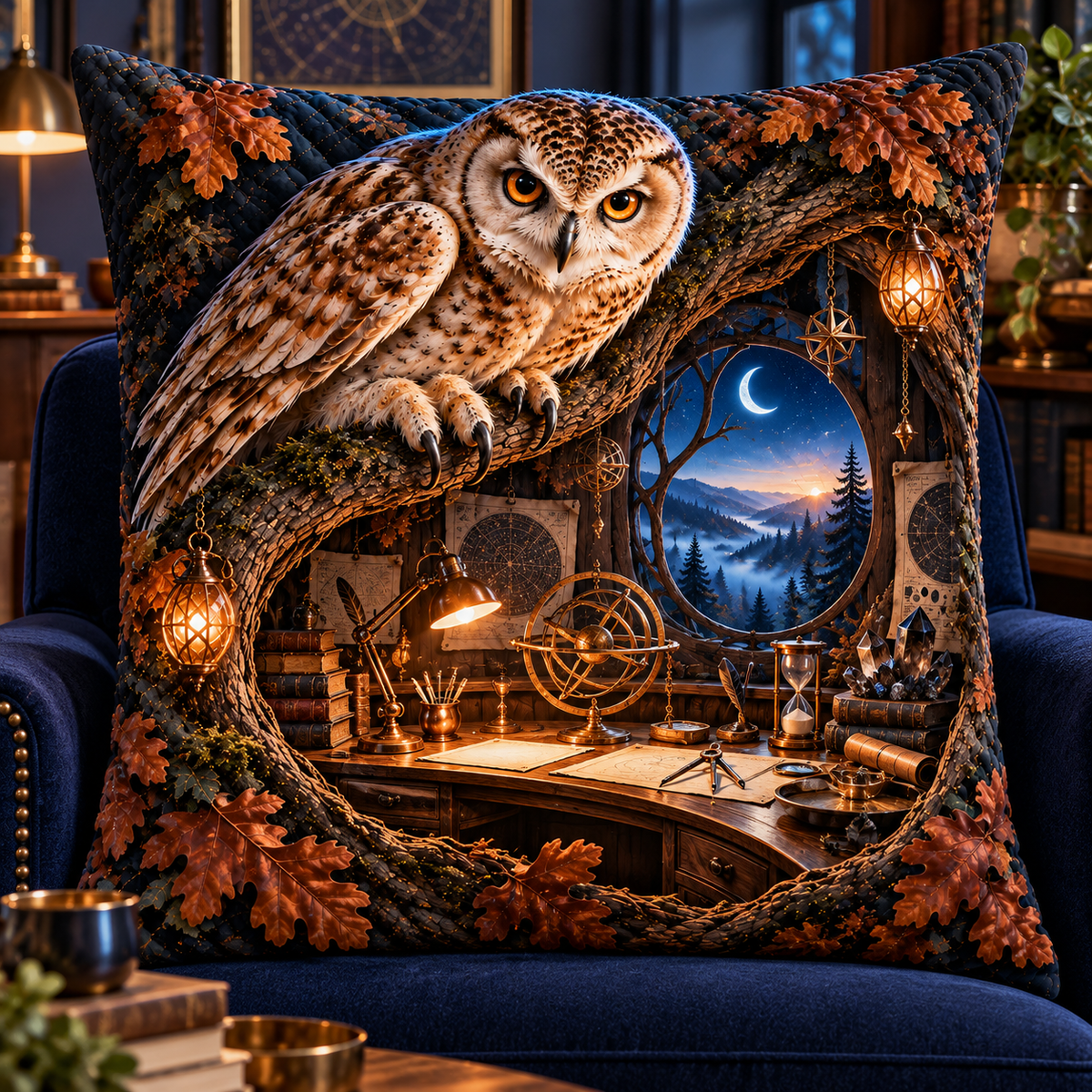 Copper Owl Hollow Observatory Quilted Cushion Cover with printed optical 3D artwork in its use setting