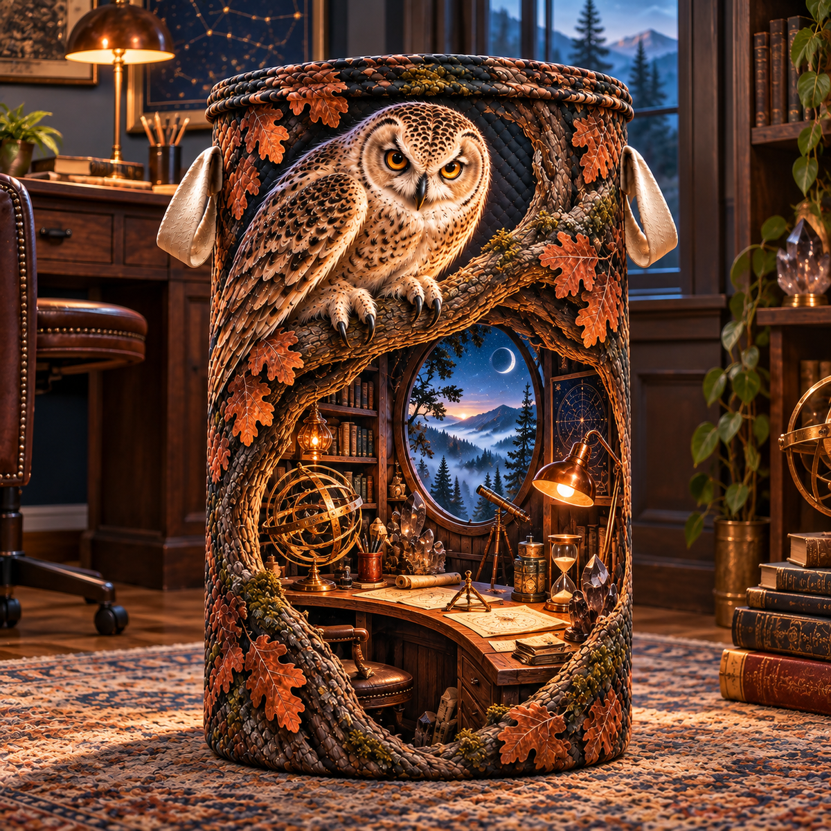 Copper Owl Hollow Observatory Laundry Hamper with printed optical 3D artwork in its use setting