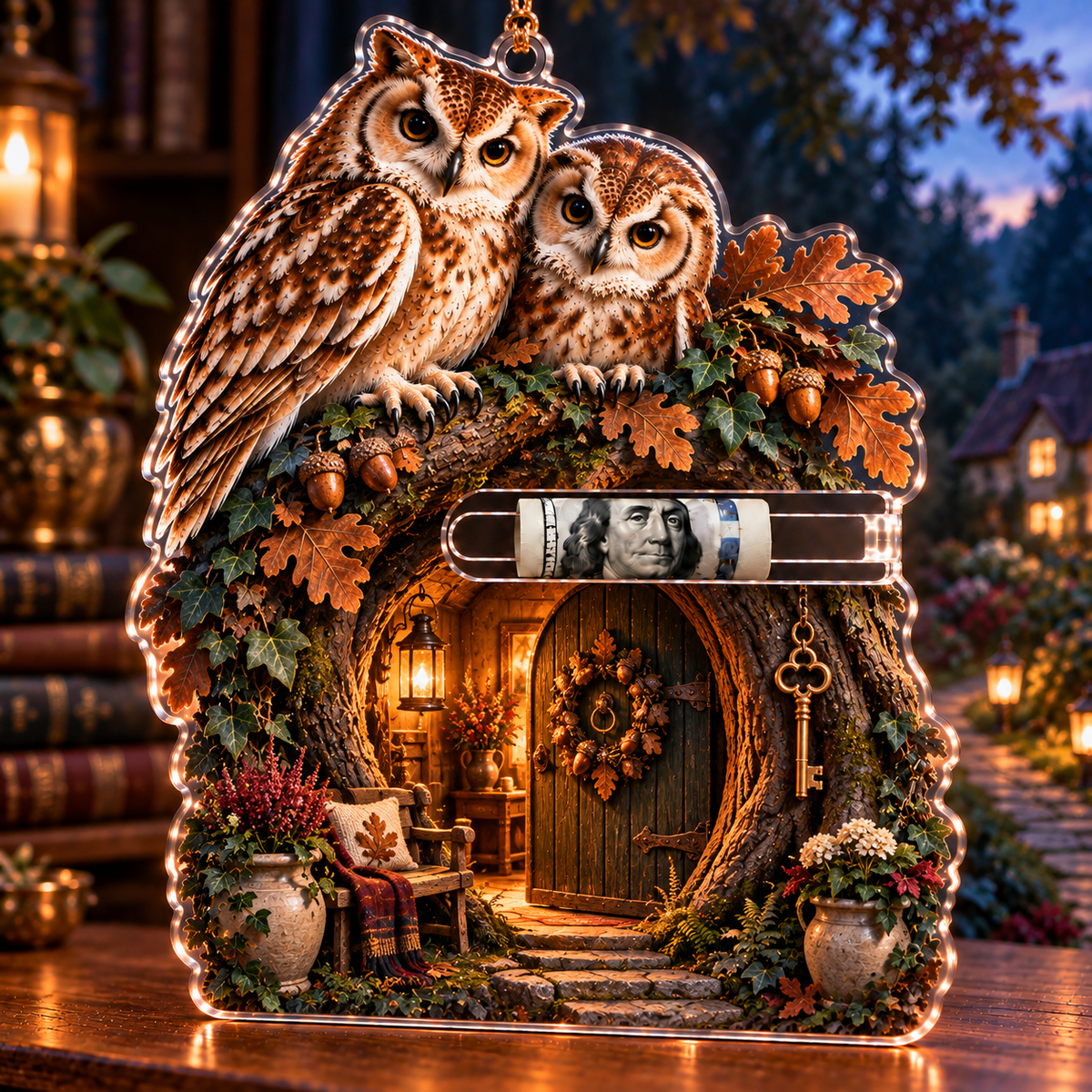 Homecoming Owl Hollow Doorway Acrylic Cash Holder Ornament with printed optical 3D artwork in its use setting