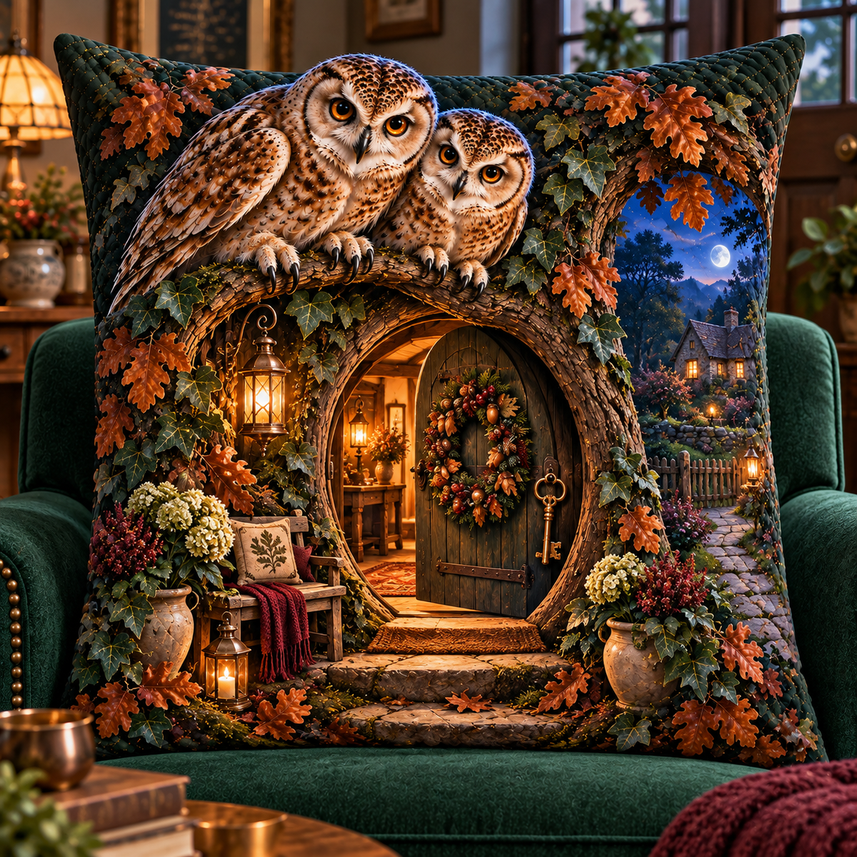 Homecoming Owl Hollow Doorway Quilted Cushion Cover with printed optical 3D artwork in its use setting
