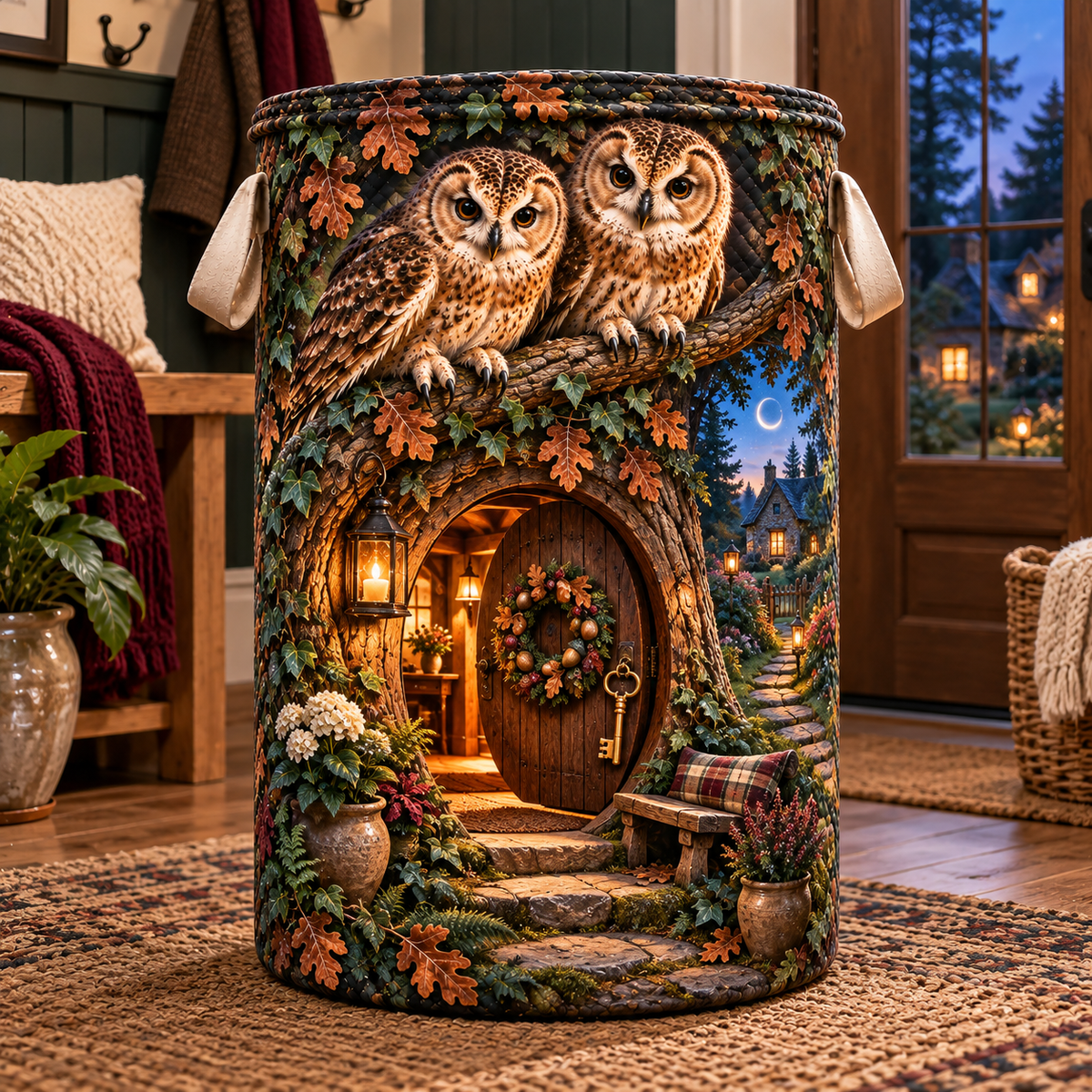 Homecoming Owl Hollow Doorway Laundry Hamper with printed optical 3D artwork in its use setting
