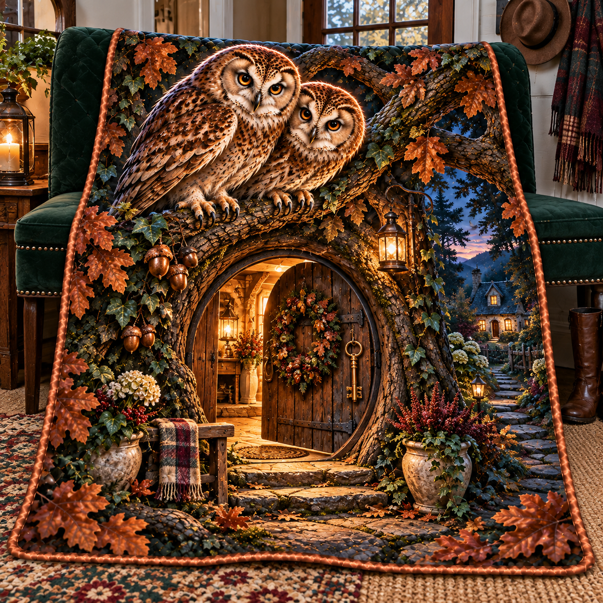 Homecoming Owl Hollow Doorway Quilt Blanket with printed optical 3D artwork in its use setting