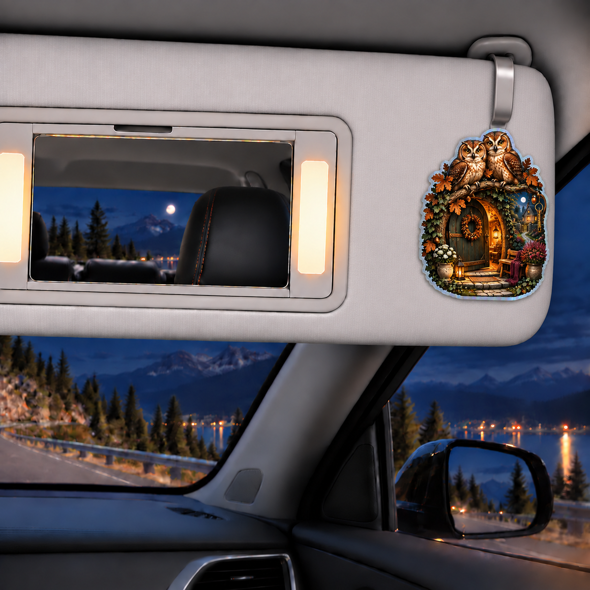 Homecoming Owl Hollow Doorway Holographic Car Visor Clip with printed optical 3D artwork in its use setting