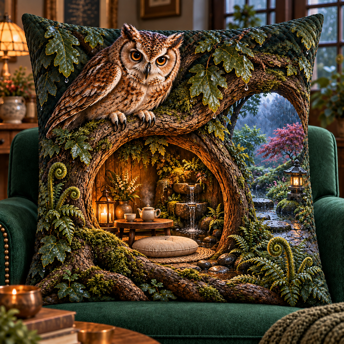 Whispering Owl Hollow Alcove Quilted Cushion Cover with printed optical 3D artwork in its use setting