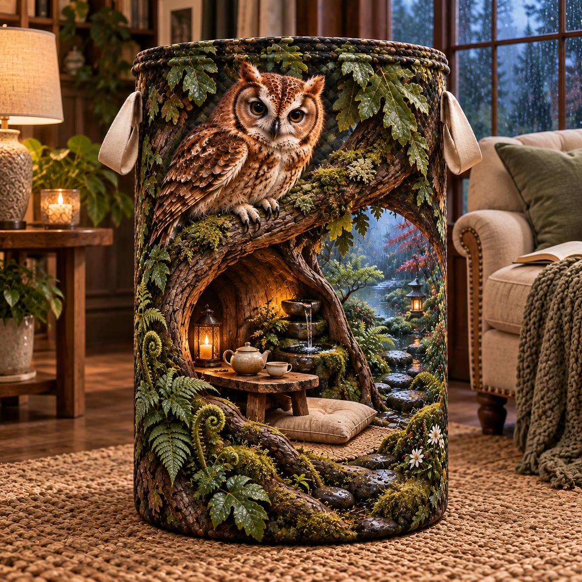 Whispering Owl Hollow Alcove Laundry Hamper with printed optical 3D artwork in its use setting