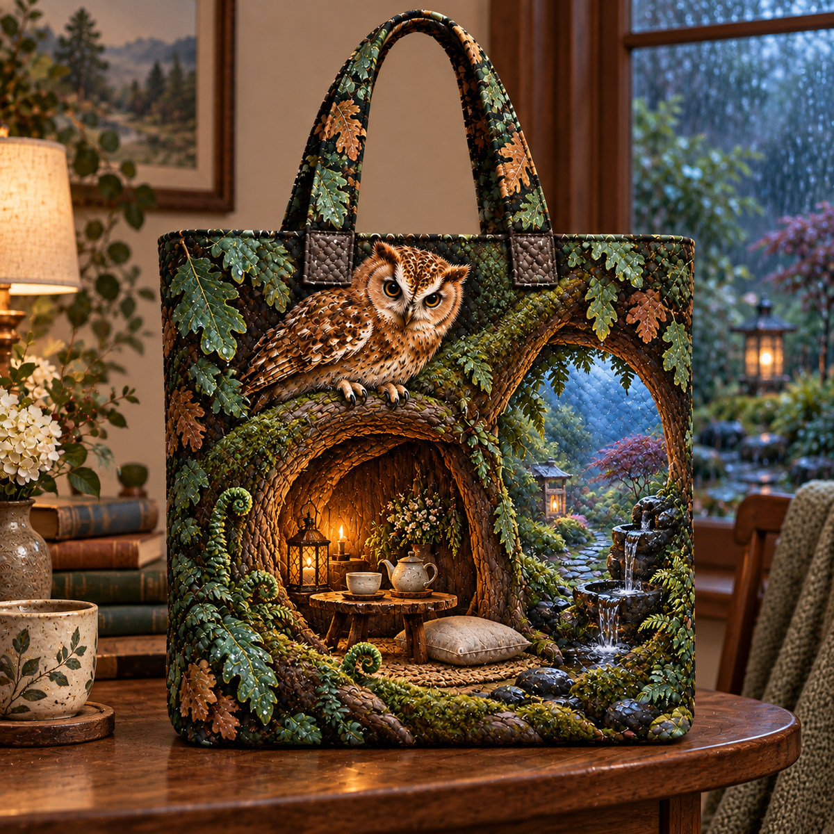 Whispering Owl Hollow Alcove Quilted Tote Bag with printed optical 3D artwork in its use setting