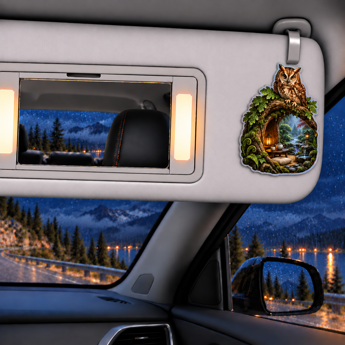Whispering Owl Hollow Alcove Holographic Car Visor Clip with printed optical 3D artwork in its use setting