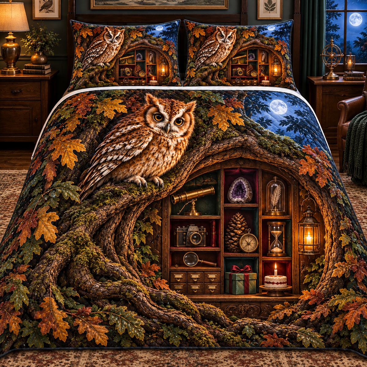 Curator Owl Birthday Cabinet Quilted Bedding Set with printed optical 3D artwork in its use setting
