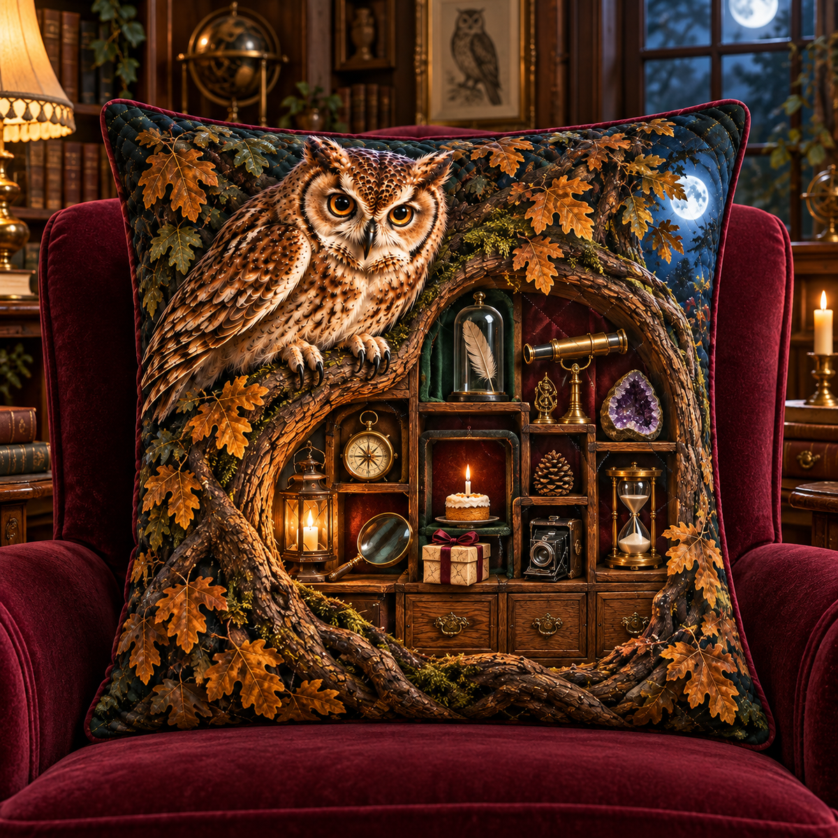 Curator Owl Birthday Cabinet Quilted Cushion Cover with printed optical 3D artwork in its use setting