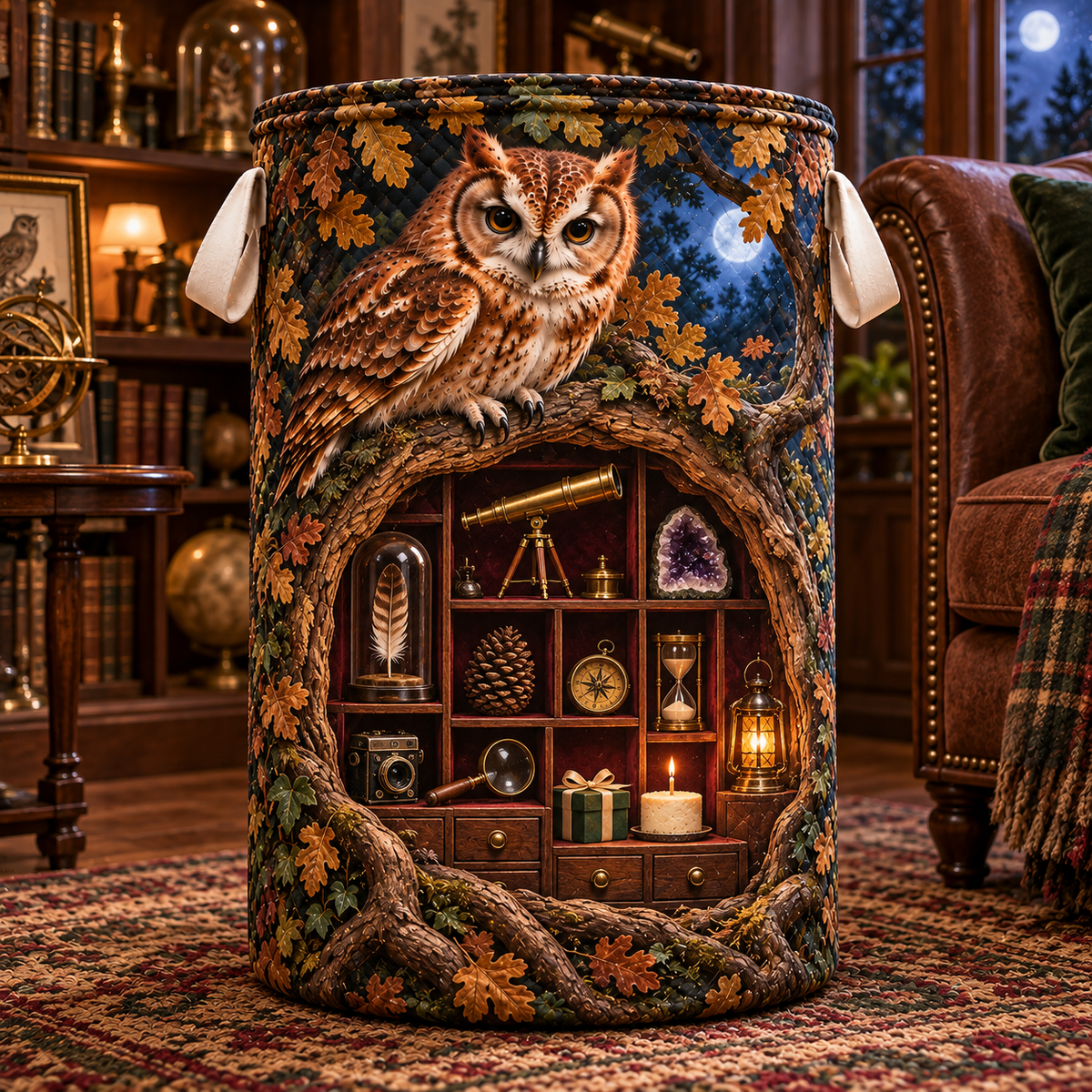 Curator Owl Birthday Cabinet Laundry Hamper with printed optical 3D artwork in its use setting