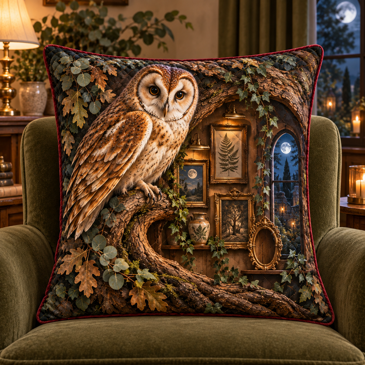 Gallery Owl Moonlit Salon Quilted Cushion Cover with printed optical 3D artwork in its use setting