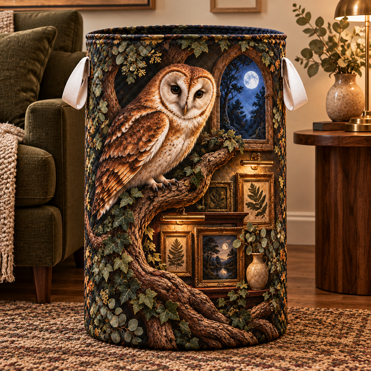 Gallery Owl Moonlit Salon Laundry Hamper with printed optical 3D artwork in its use setting