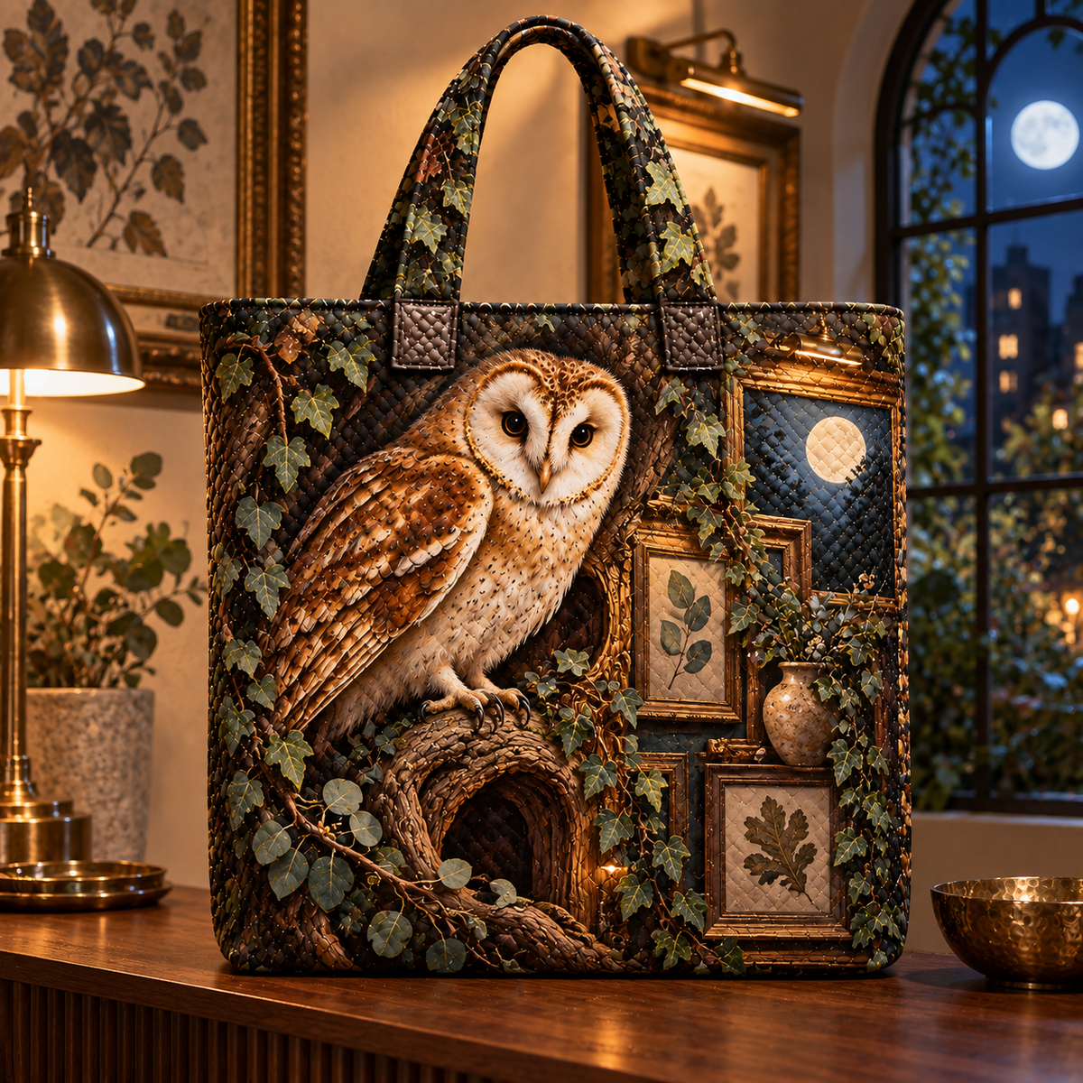 Gallery Owl Moonlit Salon Quilted Tote Bag with printed optical 3D artwork in its use setting