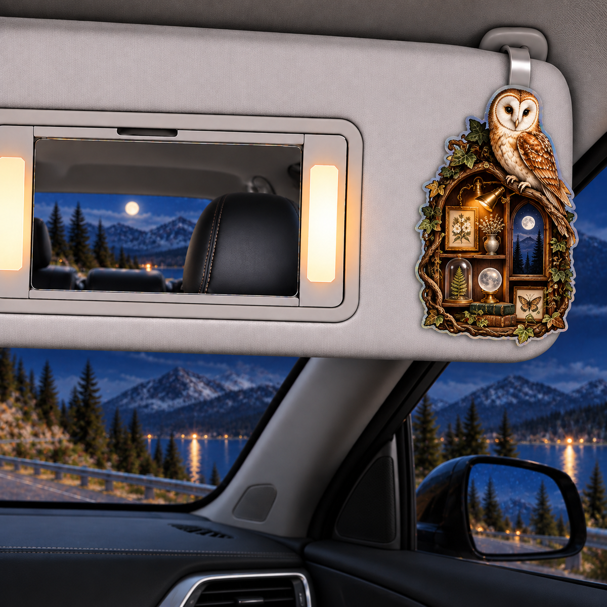 Gallery Owl Moonlit Salon Holographic Car Visor Clip with printed optical 3D artwork in its use setting