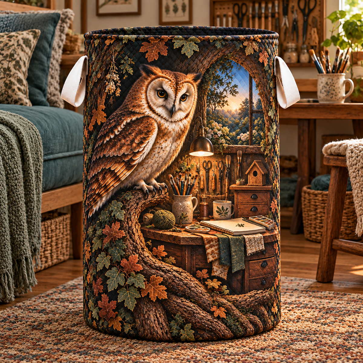Artisan Owl Hollow Atelier Laundry Hamper with printed optical 3D artwork in its use setting