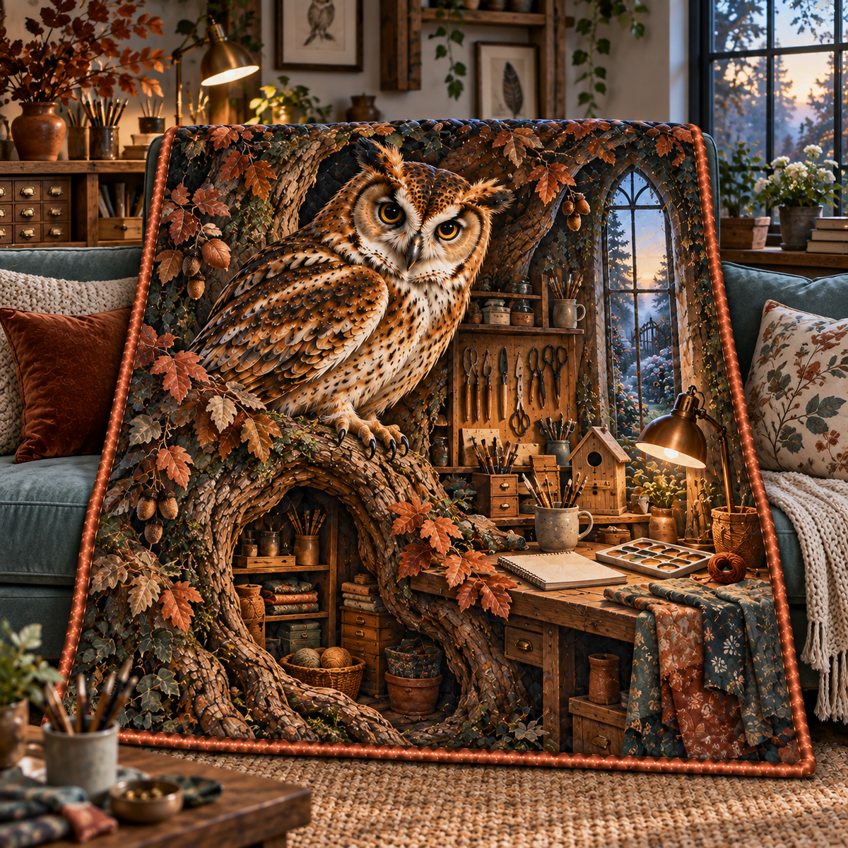 Artisan Owl Hollow Atelier Quilt Blanket with printed optical 3D artwork in its use setting
