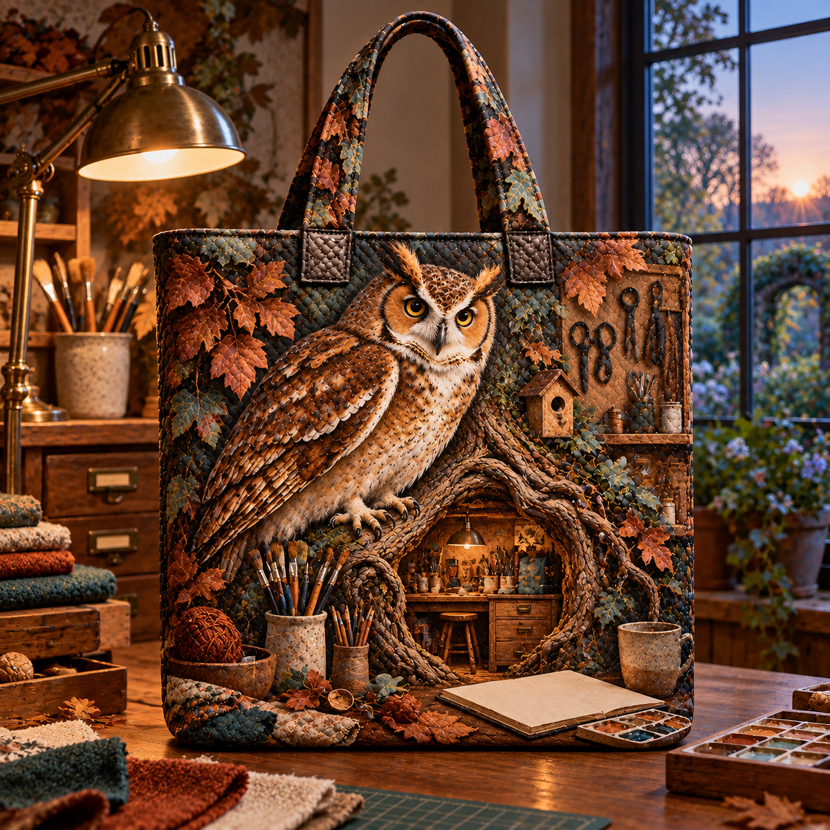 Artisan Owl Hollow Atelier Quilted Tote Bag with printed optical 3D artwork in its use setting