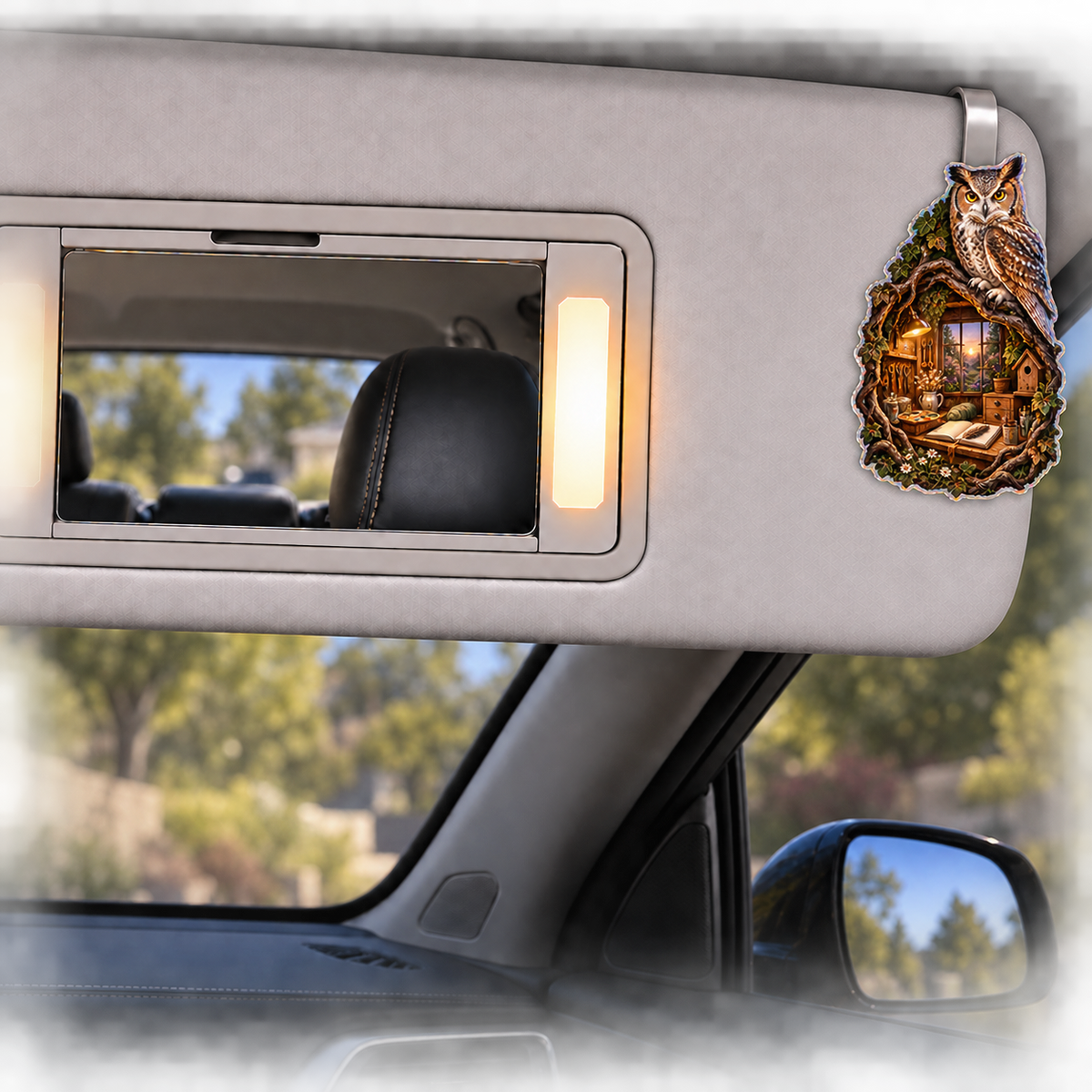 Artisan Owl Hollow Atelier Holographic Car Visor Clip with printed optical 3D artwork in its use setting