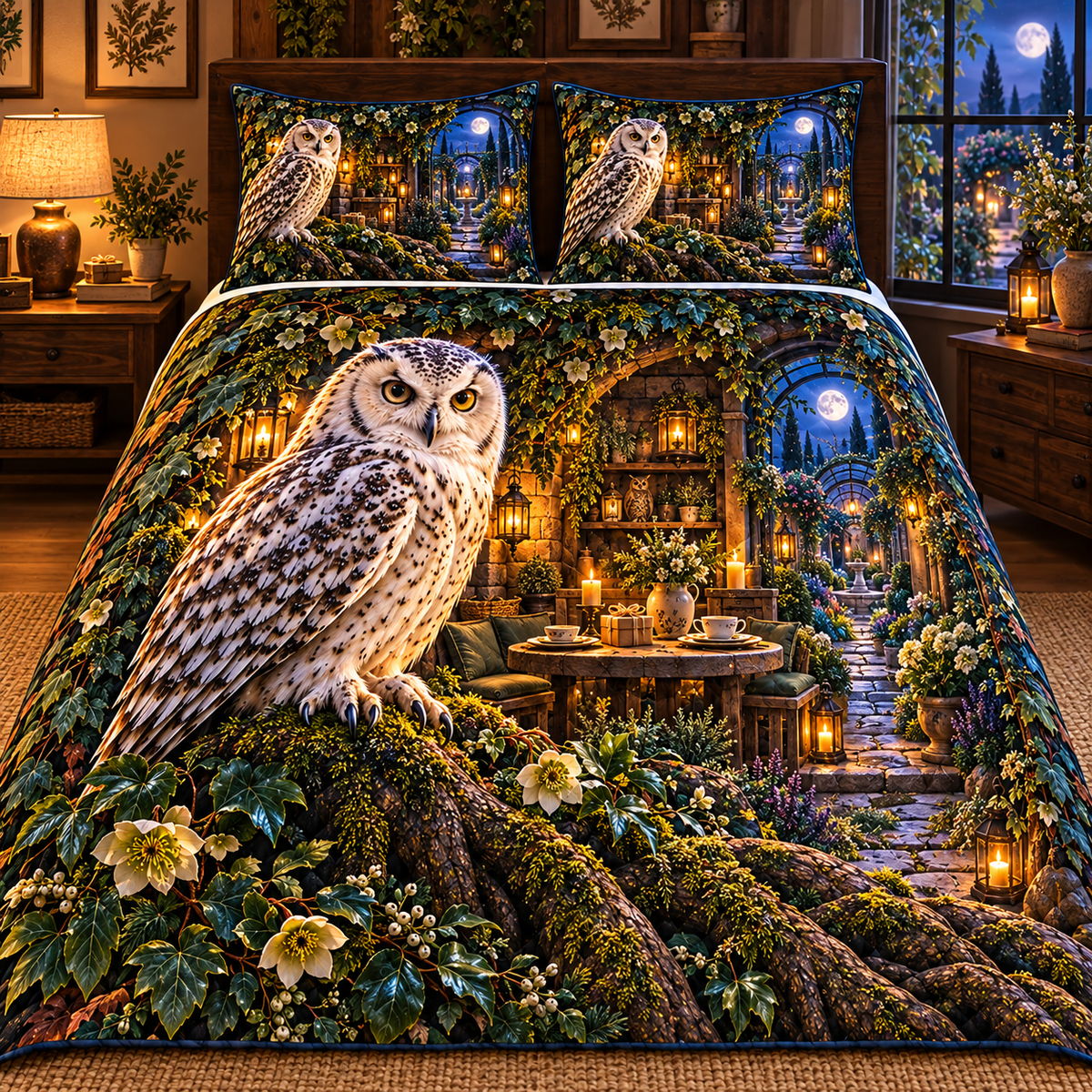 Gracious Owl Hollow Gathering Quilted Bedding Set with printed optical 3D artwork in its use setting
