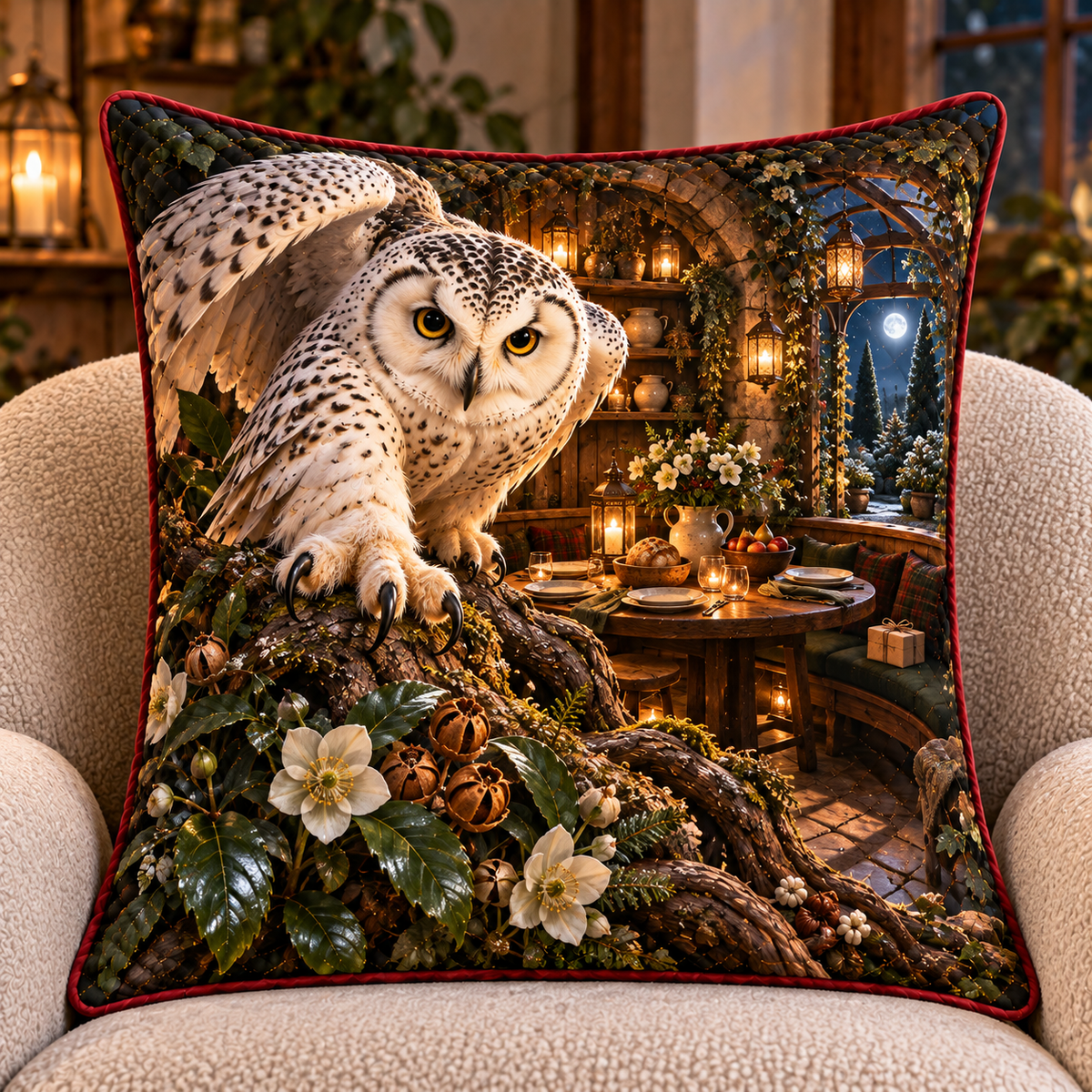 Gracious Owl Hollow Gathering Quilted Cushion Cover with printed optical 3D artwork in its use setting