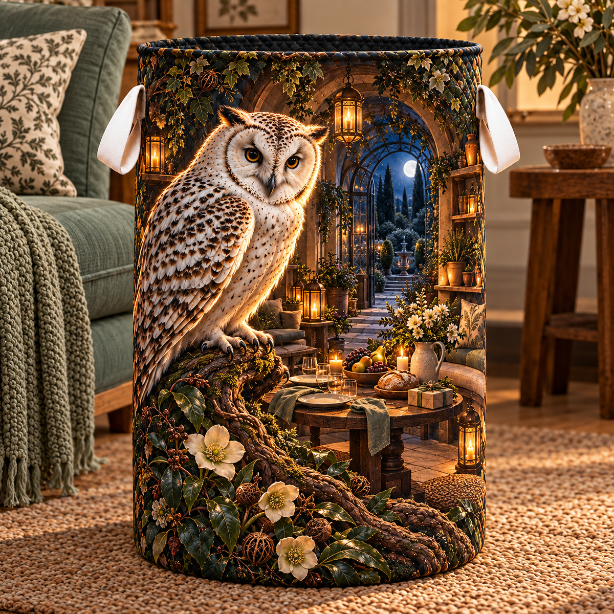 Gracious Owl Hollow Gathering Laundry Hamper with printed optical 3D artwork in its use setting