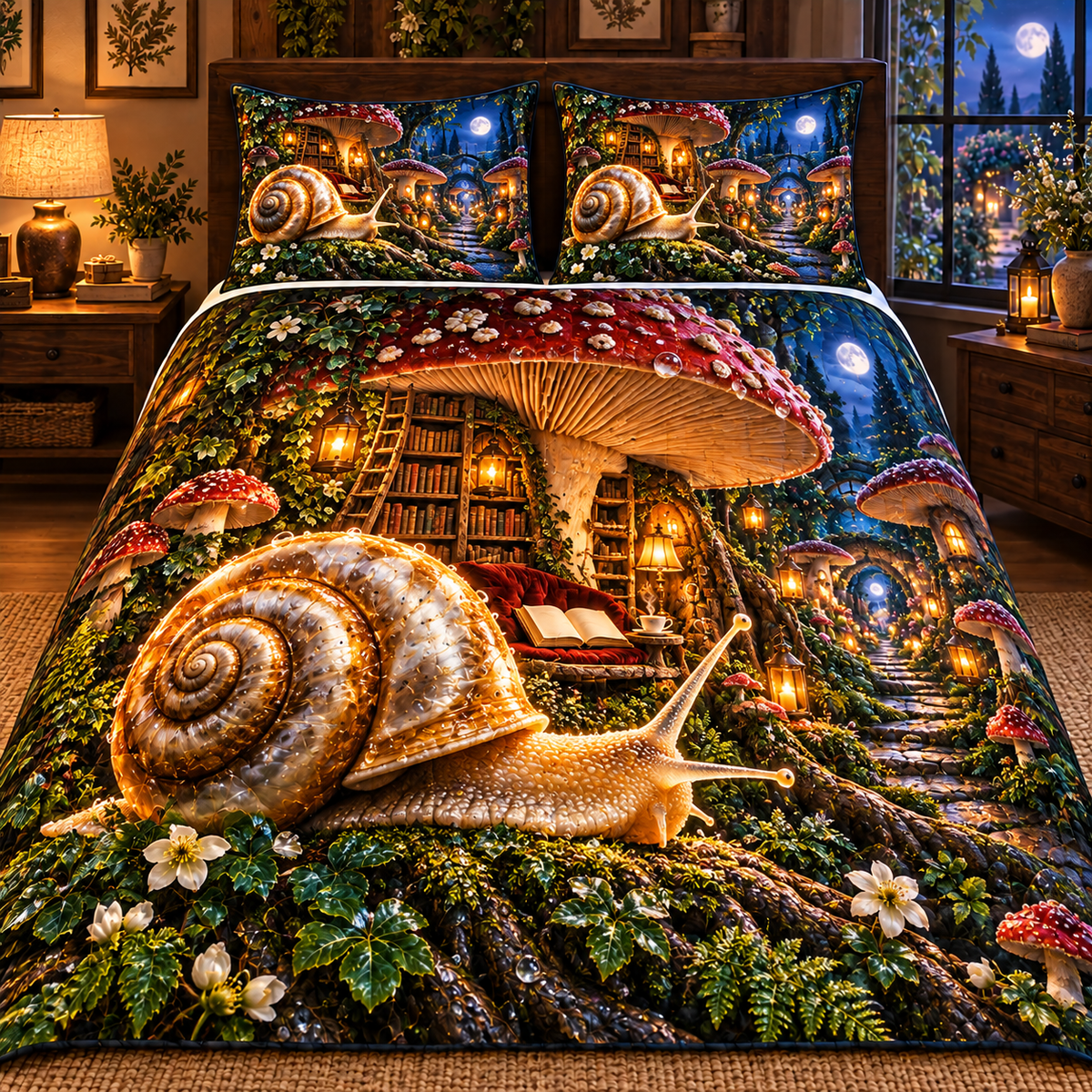 Snail Toadstool Library Quilted Bedding Set with printed optical 3D artwork in its use setting