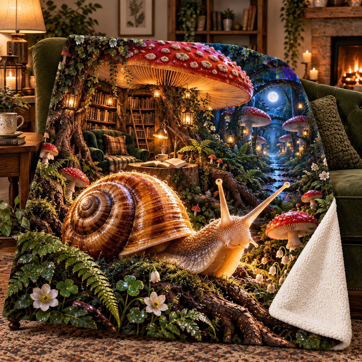 Snail Toadstool Library Sherpa & Fleece Blanket with printed optical 3D artwork in its use setting