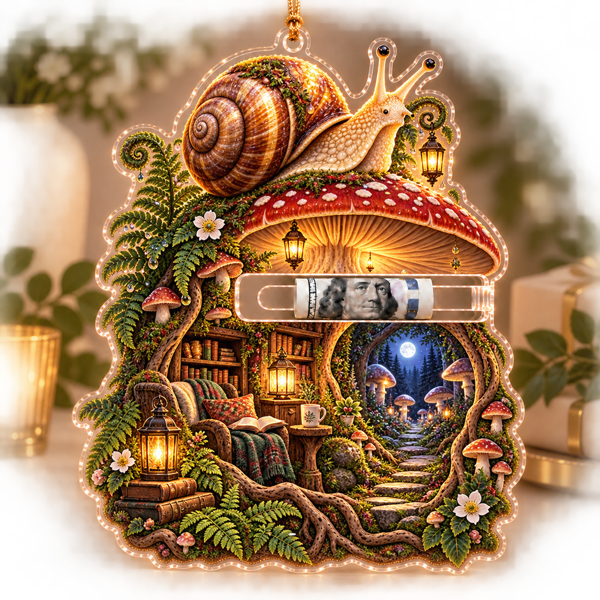 Snail Toadstool Library Acrylic Cash Holder Ornament with printed optical 3D artwork in its use setting