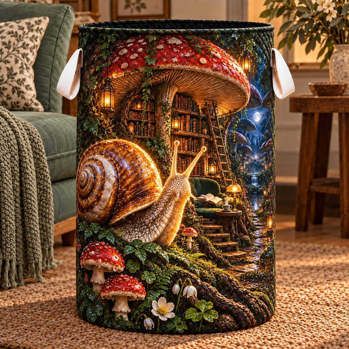 Snail Toadstool Library Laundry Hamper with printed optical 3D artwork in its use setting