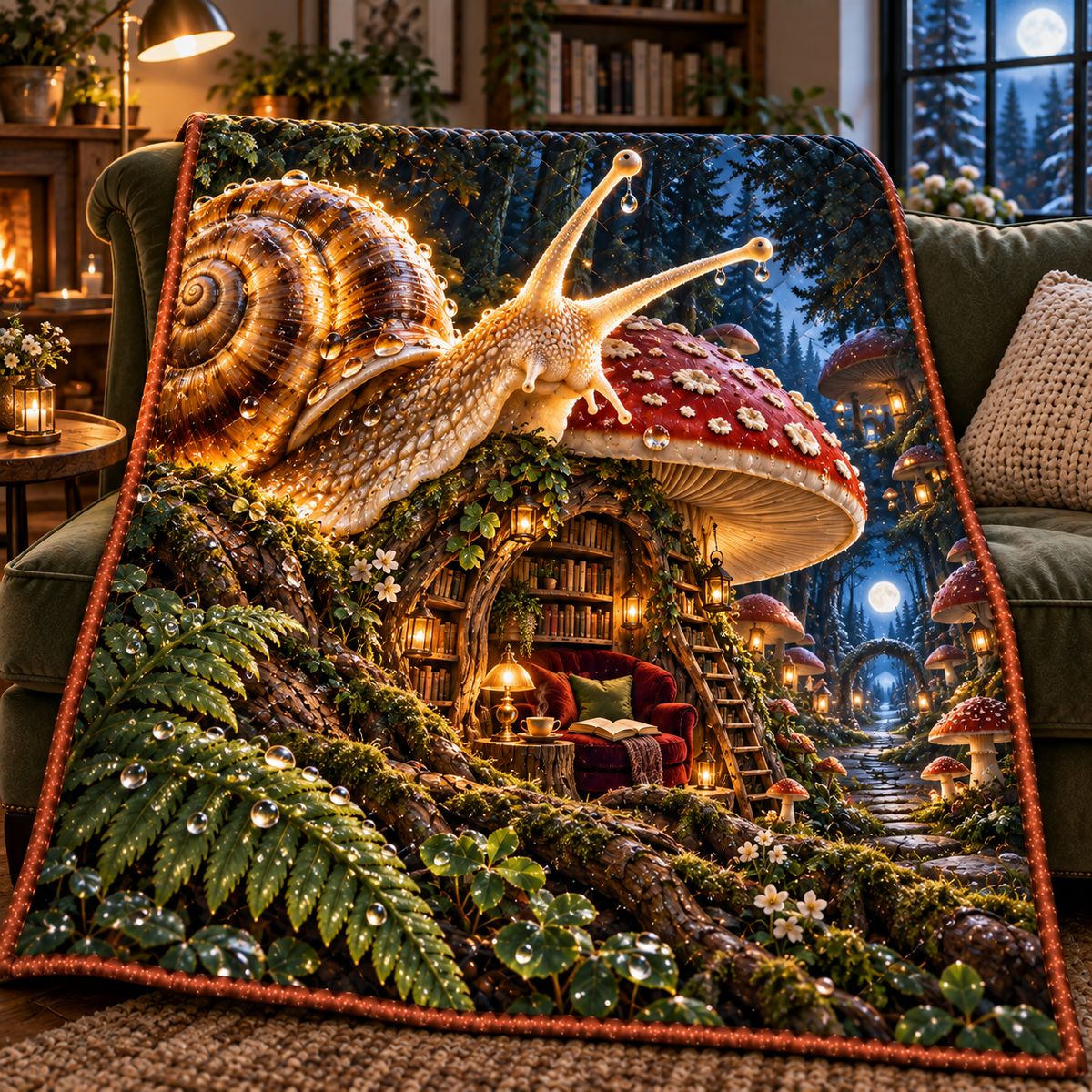 Snail Toadstool Library Quilt Blanket with printed optical 3D artwork in its use setting