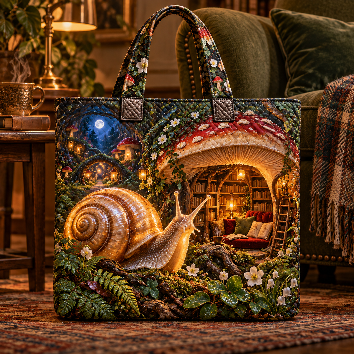 Snail Toadstool Library Quilted Tote Bag with printed optical 3D artwork in its use setting