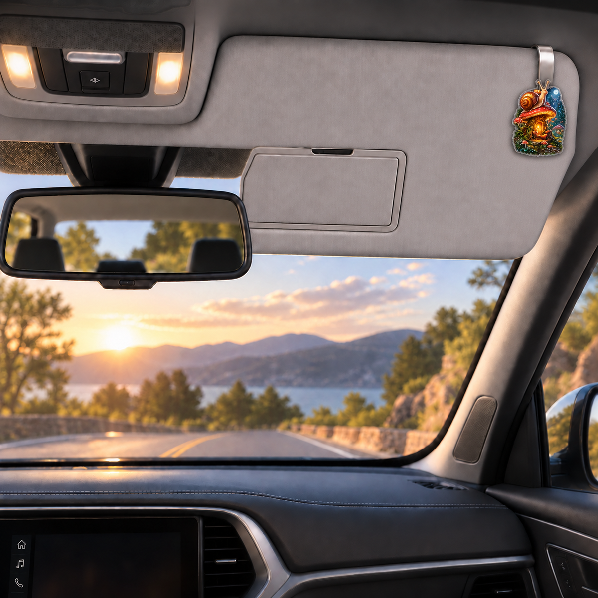 Snail Toadstool Library Holographic Car Visor Clip with printed optical 3D artwork in its use setting