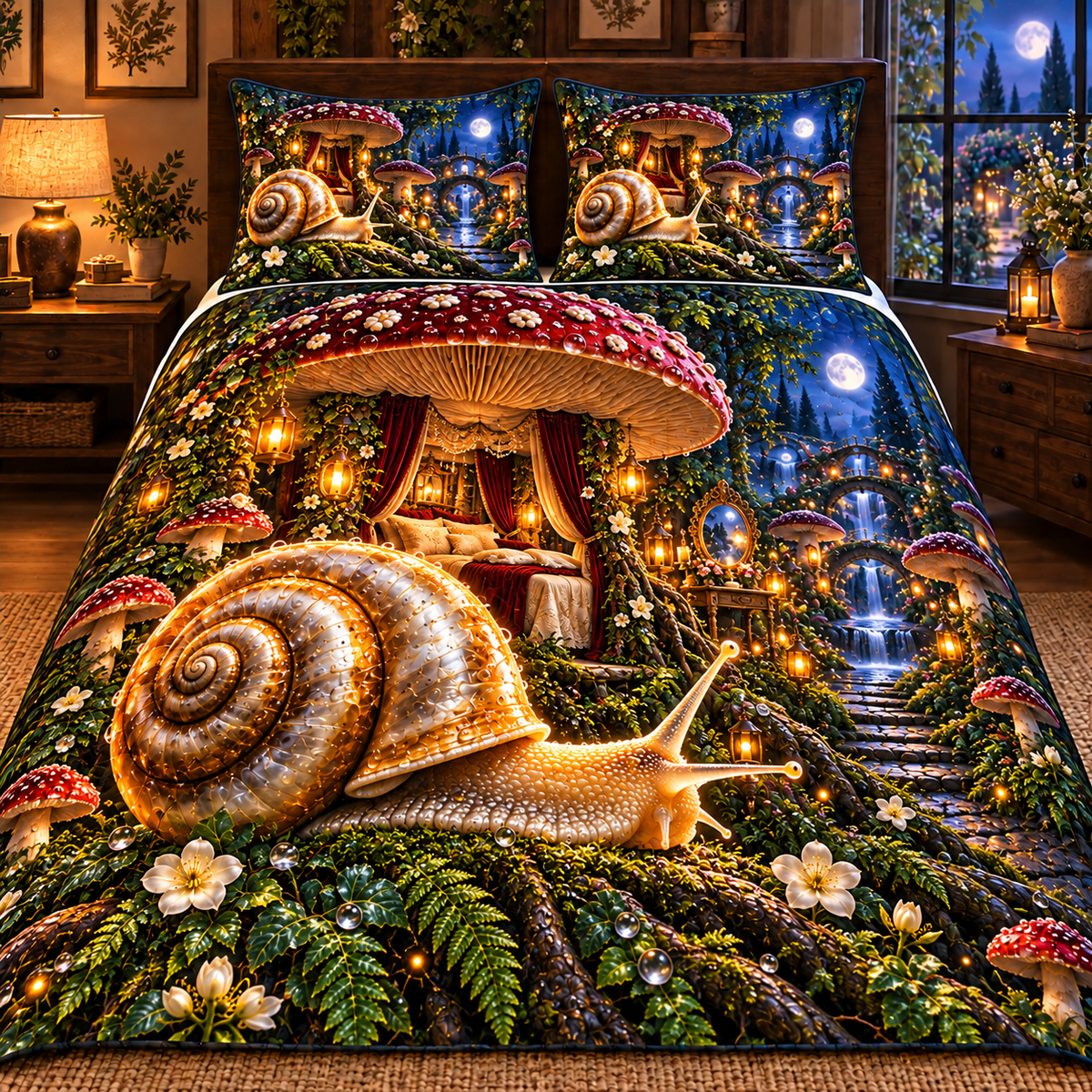 Moonlit Snail Toadstool Suite Quilted Bedding Set with printed optical 3D artwork in its use setting