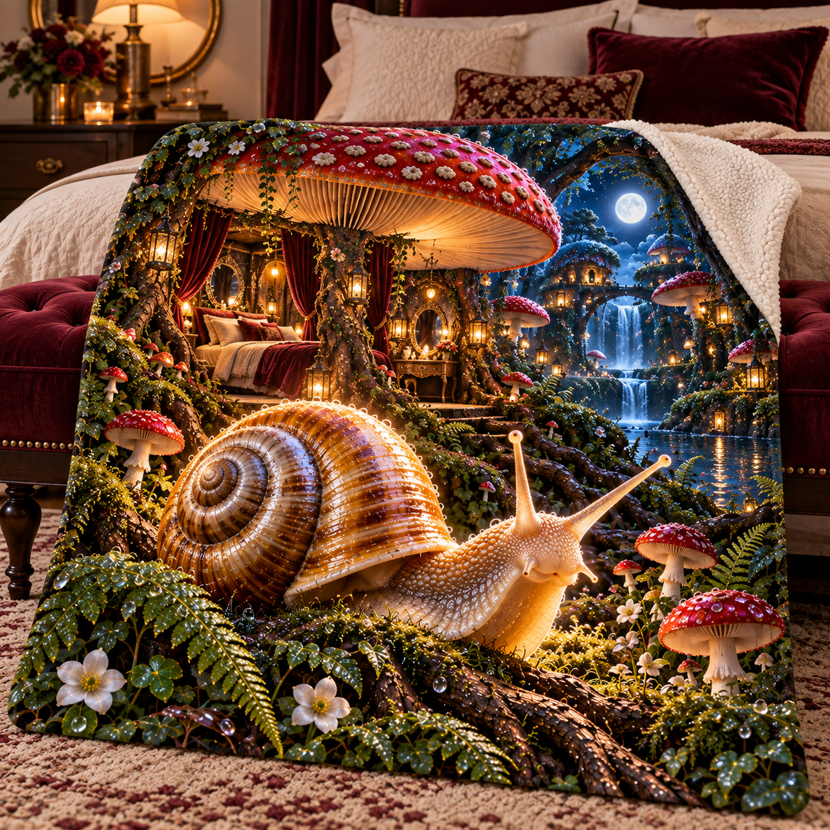 Moonlit Snail Toadstool Suite Sherpa & Fleece Blanket with printed optical 3D artwork in its use setting