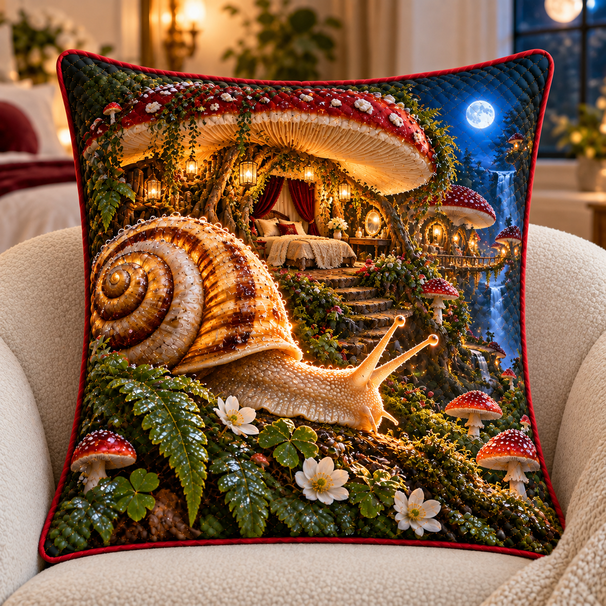 Moonlit Snail Toadstool Suite Quilted Cushion Cover with printed optical 3D artwork in its use setting