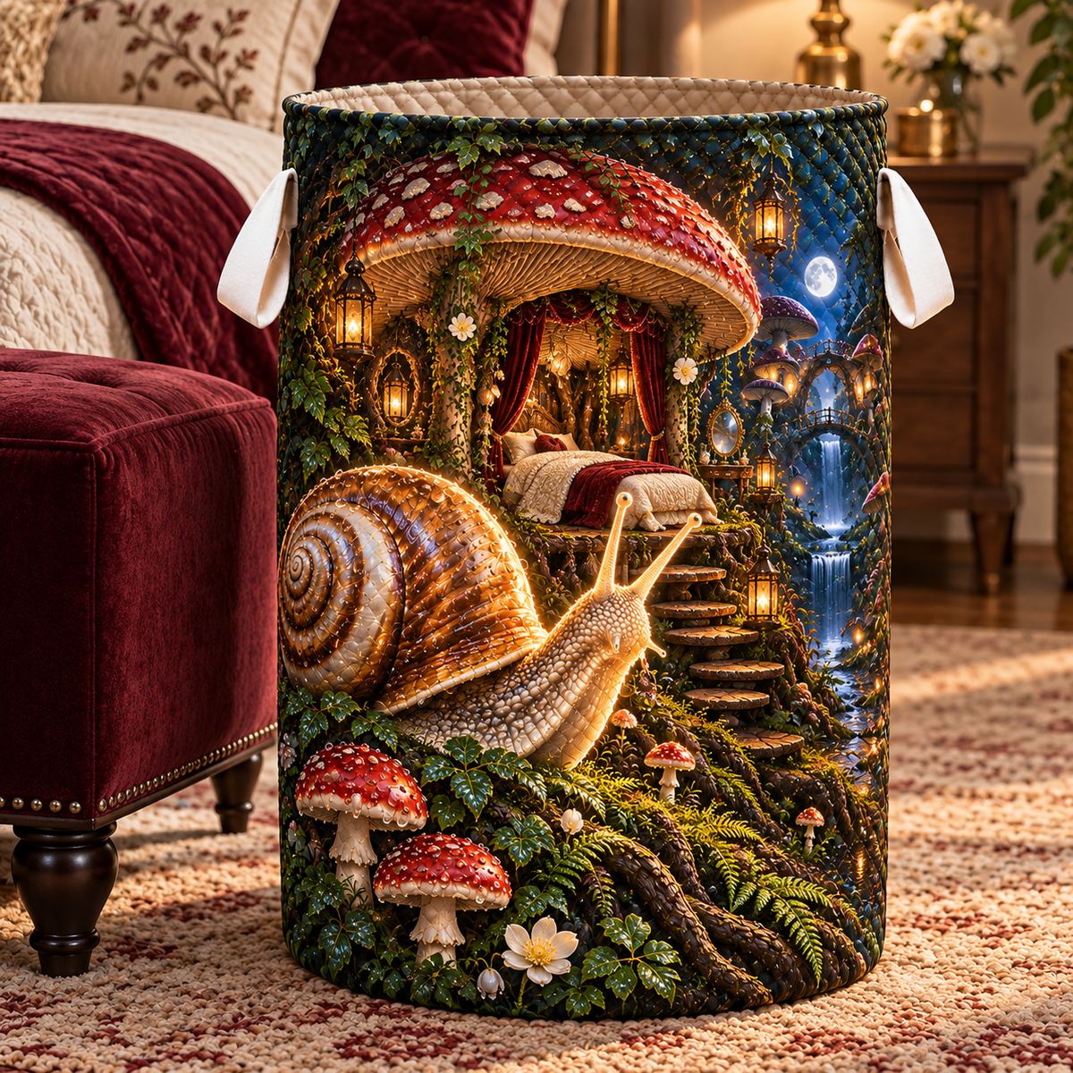 Moonlit Snail Toadstool Suite Laundry Hamper with printed optical 3D artwork in its use setting