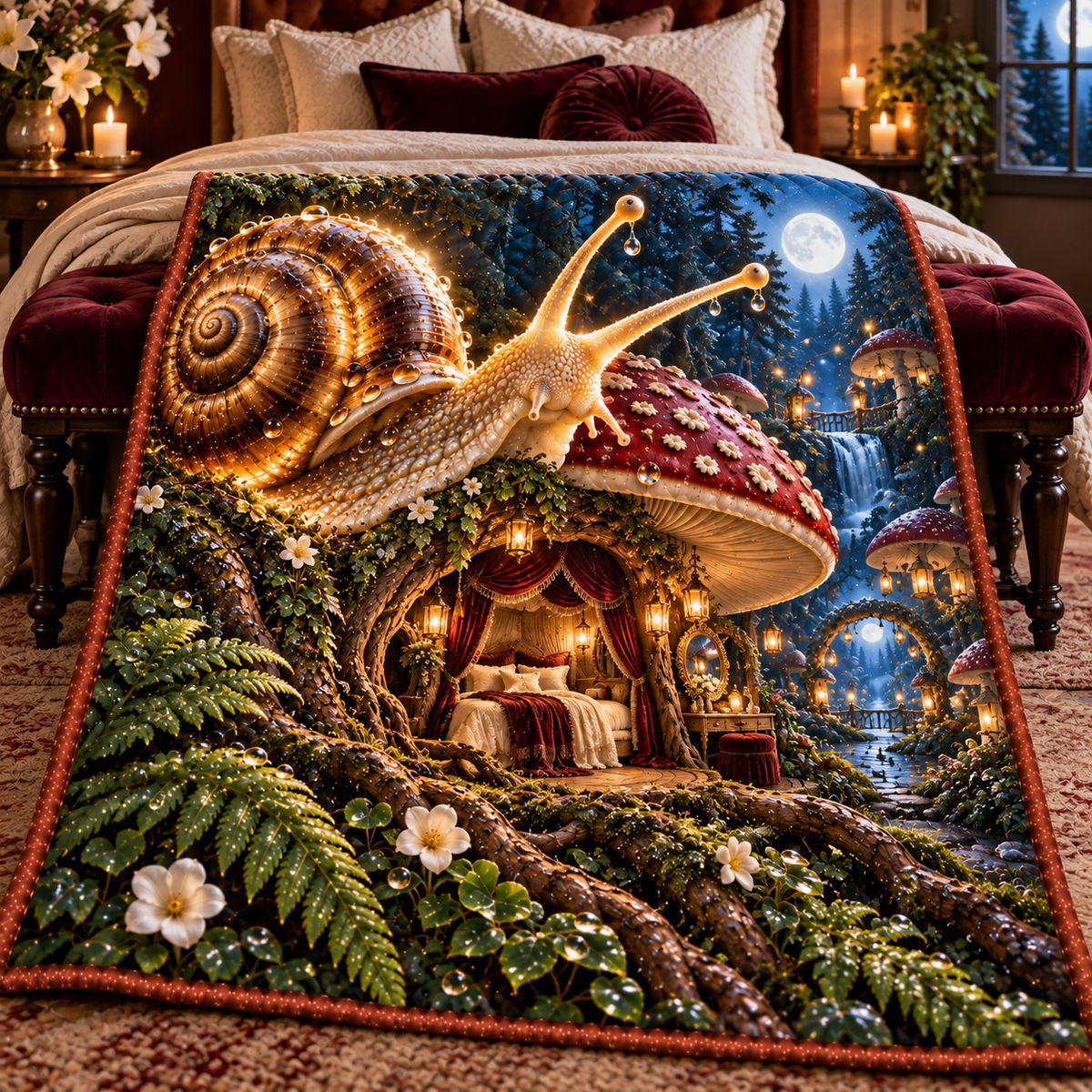 Moonlit Snail Toadstool Suite Quilt Blanket with printed optical 3D artwork in its use setting