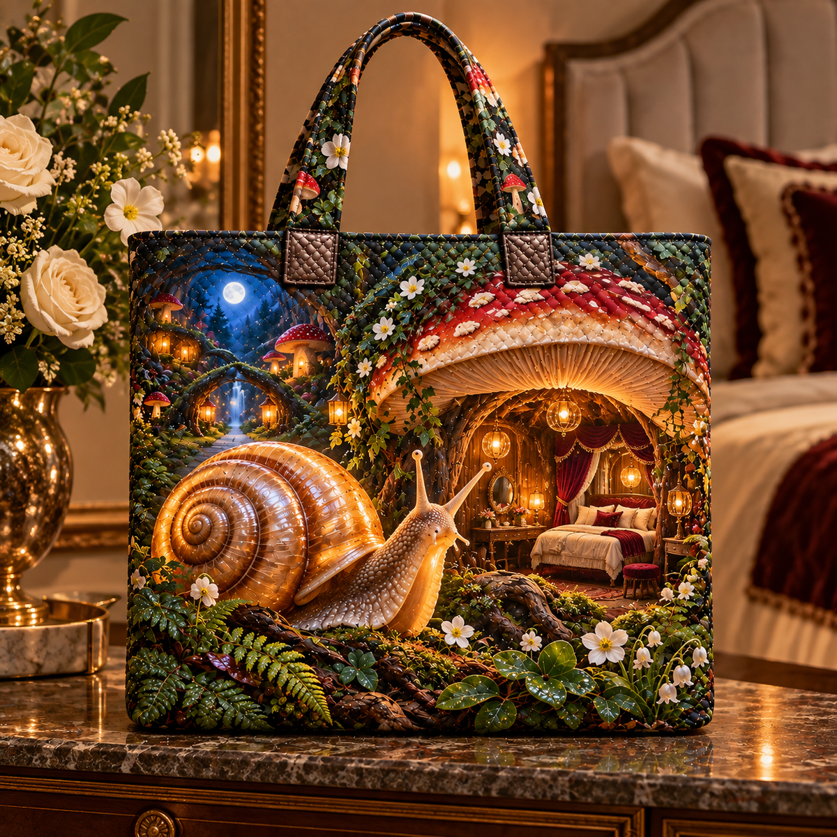 Moonlit Snail Toadstool Suite Quilted Tote Bag with printed optical 3D artwork in its use setting