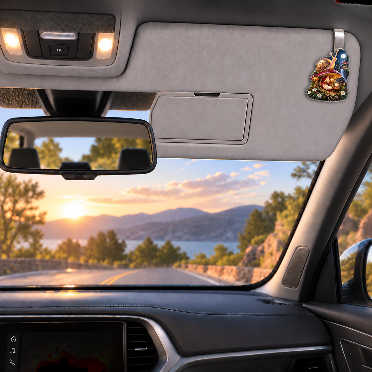 Moonlit Snail Toadstool Suite Holographic Car Visor Clip with printed optical 3D artwork in its use setting