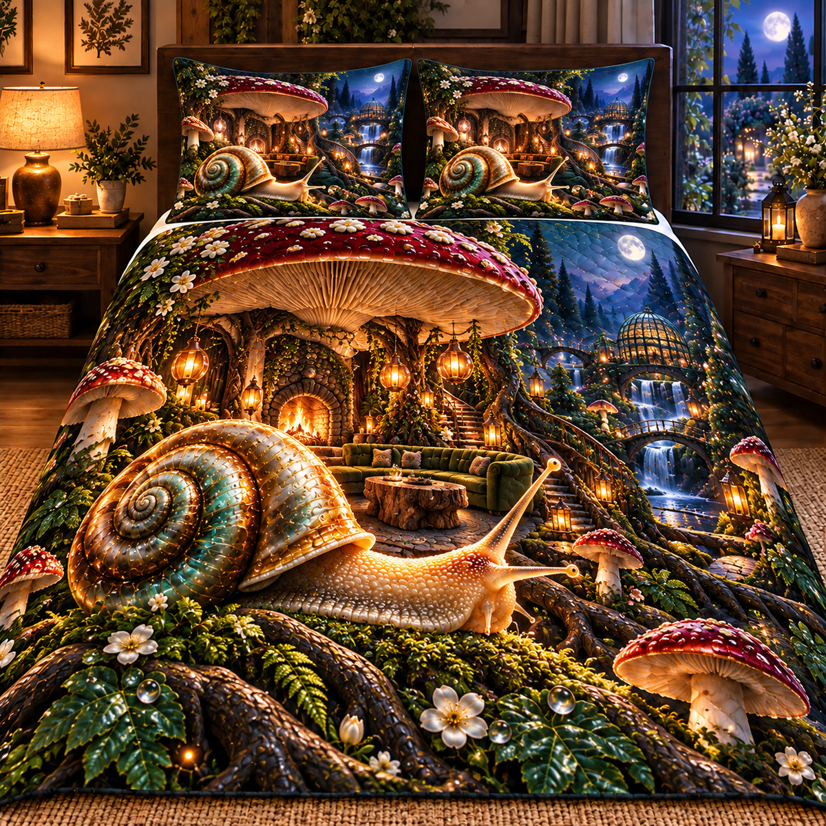 Grand Snail Toadstool Salon Quilted Bedding Set with printed optical 3D artwork in its use setting