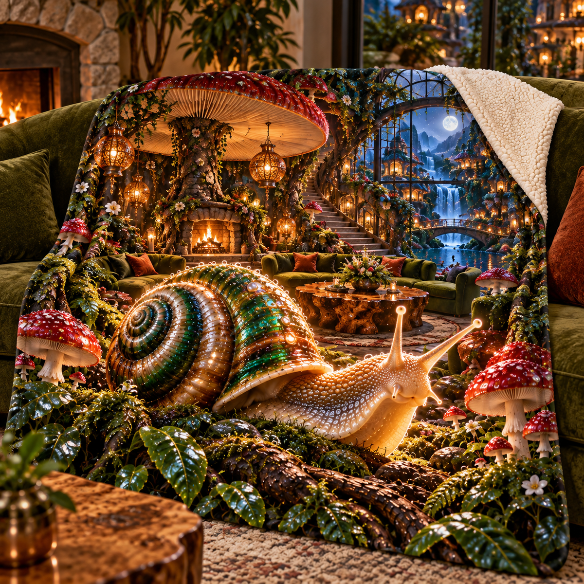 Grand Snail Toadstool Salon Sherpa & Fleece Blanket with printed optical 3D artwork in its use setting