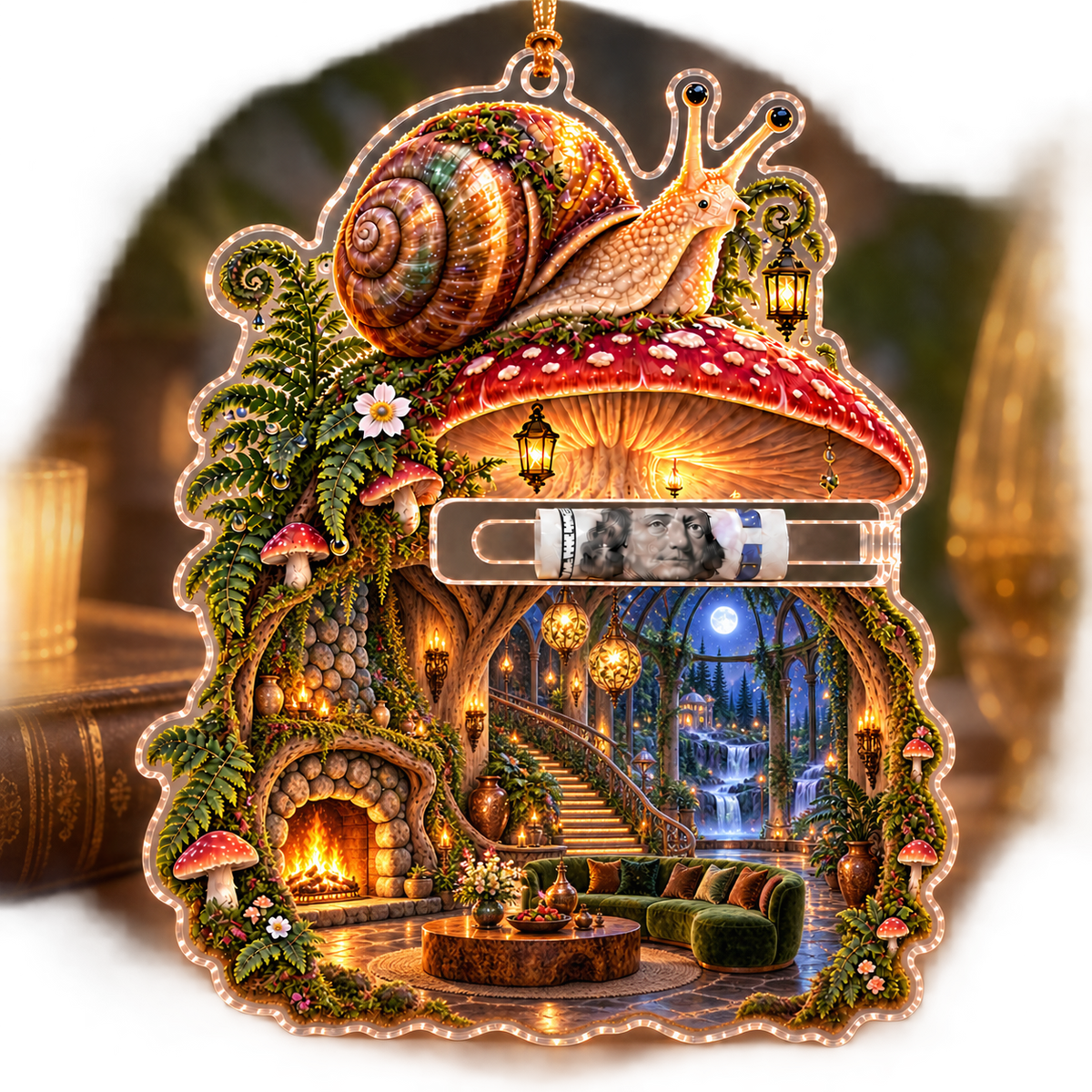 Grand Snail Toadstool Salon Acrylic Cash Holder Ornament with printed optical 3D artwork in its use setting