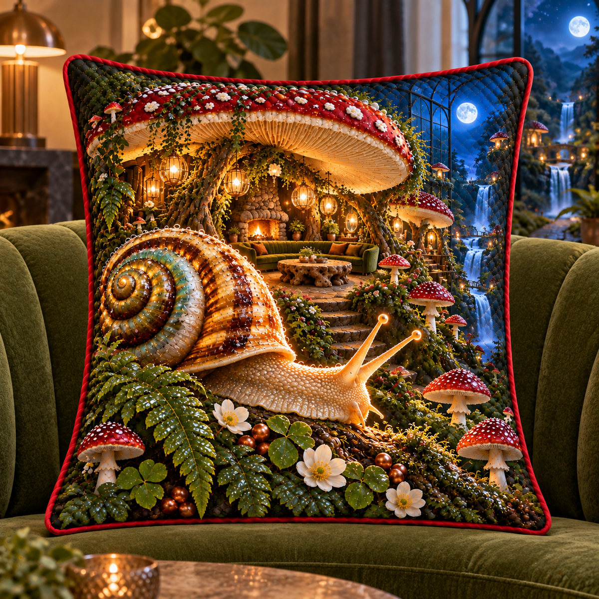 Grand Snail Toadstool Salon Quilted Cushion Cover with printed optical 3D artwork in its use setting