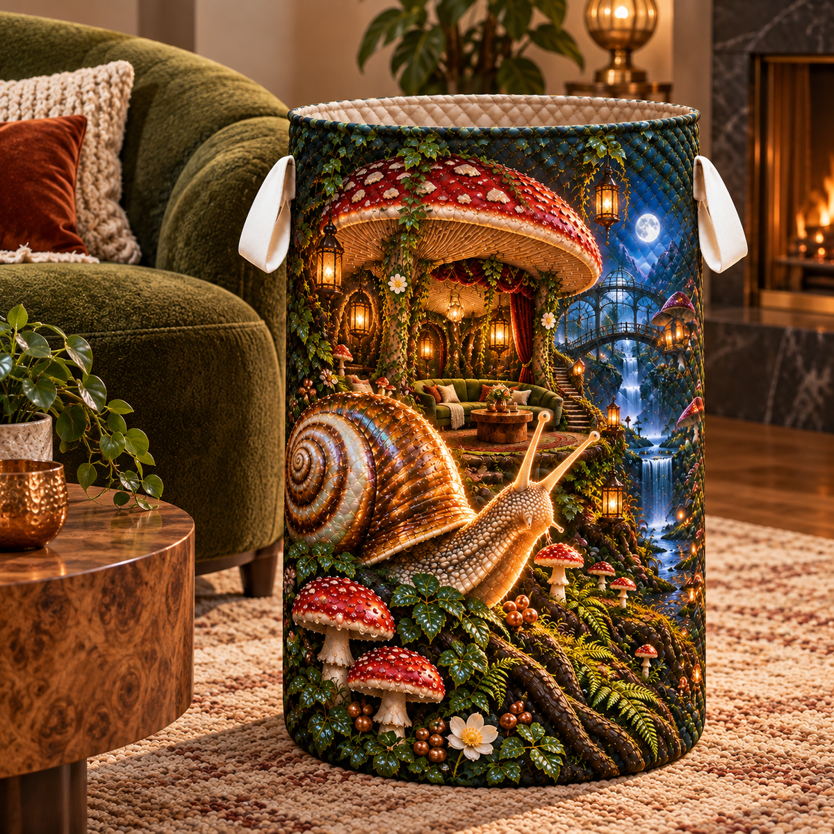 Grand Snail Toadstool Salon Laundry Hamper with printed optical 3D artwork in its use setting