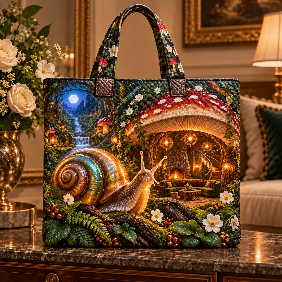 Grand Snail Toadstool Salon Quilted Tote Bag with printed optical 3D artwork in its use setting