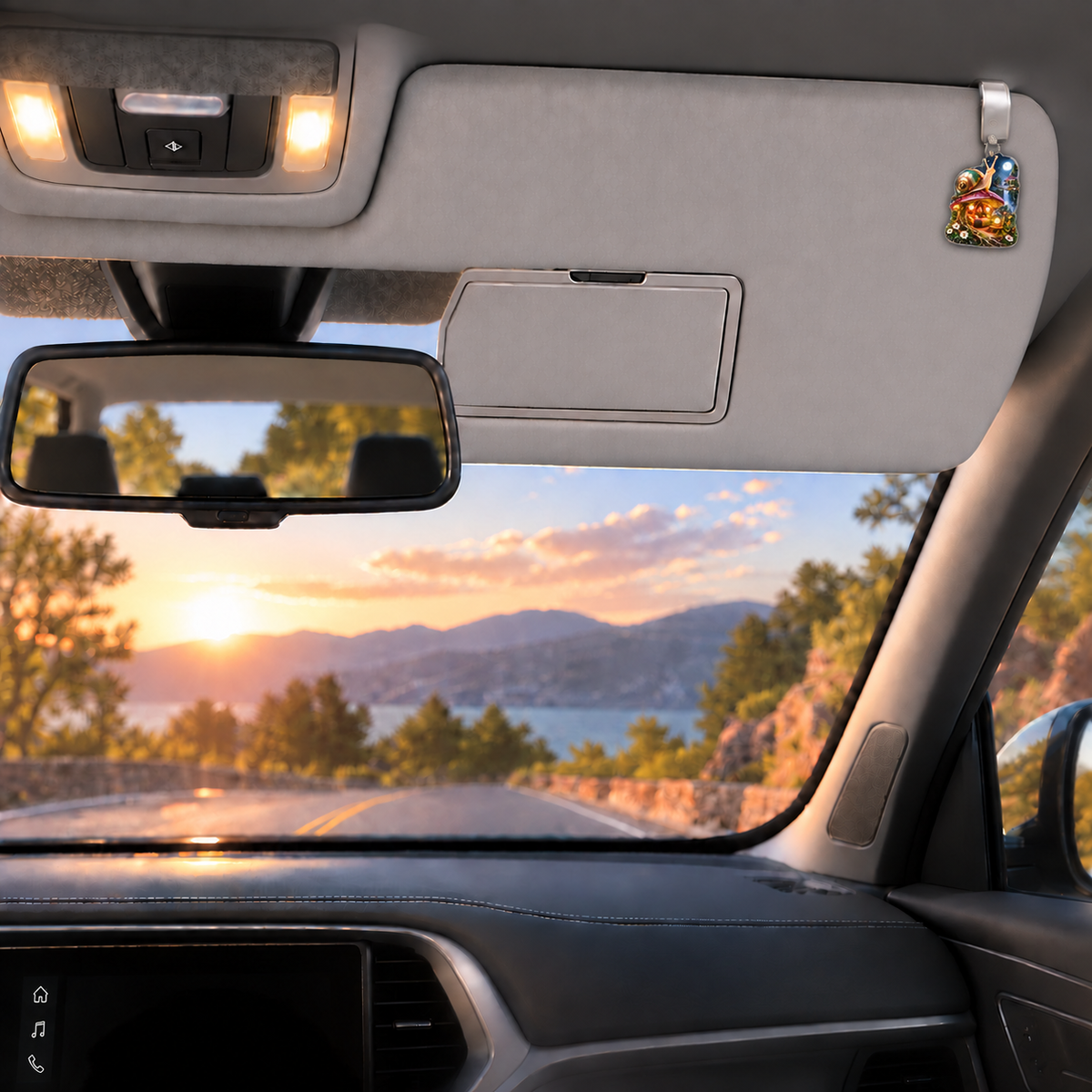Grand Snail Toadstool Salon Holographic Car Visor Clip with printed optical 3D artwork in its use setting