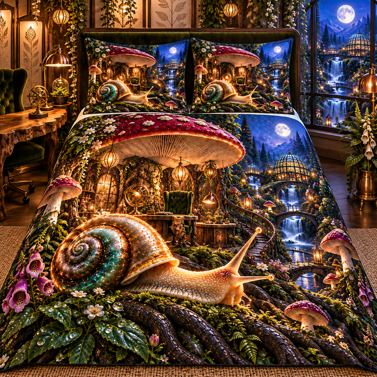 Regal Snail Toadstool Atelier Quilted Bedding Set with printed optical 3D artwork in its use setting